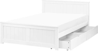 Beliani Bed Frame White Pine Wood MDF EU Small Double Size 4ft with Drawers Headboard Minimalist SABRAN