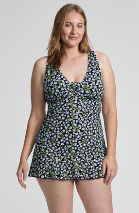 Lands End SlenderSuit Grecian Mini Swim Dress in Navy Mini Bloom Floral at Nordstrom, Size 16W