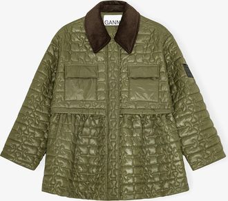 Ganni Green Quilt Midi Jacket - Size XXS/XS Recycled Nylon