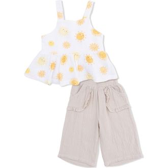 Angel Dear Kids Happy Suns Organic Cotton Muslin Peplum Tank & Pants Set in White at Nordstrom, Size 18-24M