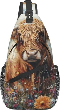 Generic Flowers Highland Cow Sling Bag Adjustable Shoulder Bag Trendy Chest Backpack For Runner Outdoors Women