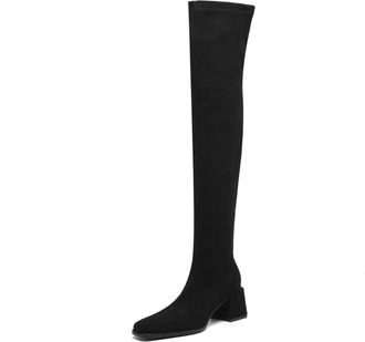 Generic Womens Retro Square Toe Faux Suede Over-The-Knee Boots Medium Block Heels Side Zipper Comfortable Non-Slip Wear-Resistant For Daily Casual Party,Black