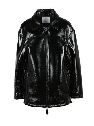 Courr&egrave;ges Patent Finish Black Jacket With Zippered Pockets And Structured Collar