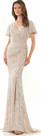 Colors Dress Sequin Fit And Flare V-Neck Gown In Champagne