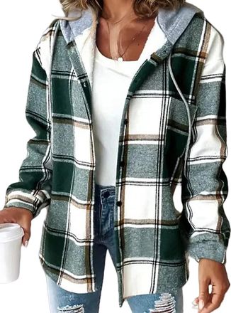 Generic Womens Plaid Button Down Fleece Lined Hooded Lightweight Casual Jackets Warm Coat (GREEN,3XL)