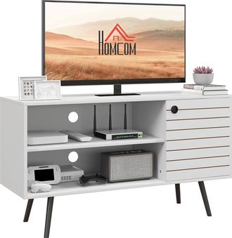 HOMCOM TV Unit For 50 Inch TVs With 2 Open Shelves - Door And 2 Cable Holes - White | TJ Hughes