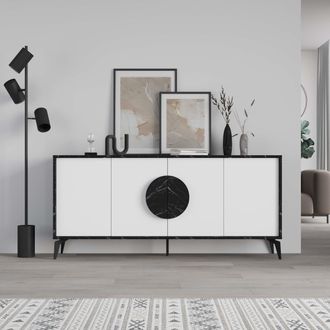 Decortie 4 Doors Sideboard Gora 4 Metal Legs, Chipboard Handle Storage Unit 180cm in Jet Black | Size: 3 Pack