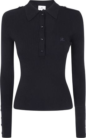 Courr&egrave;ges Polo trui met ronde hals en ribstructuur - Dames - Ronde hals truien - Zwart - M - Polyester - Truien & Vesten