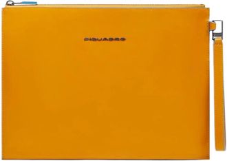 Piquadro Leather mens clutch for i Pad with removable wrist strap and pockts for Air Pods - Heren - Laptoptassen - Geel - ONE Size - Tassen