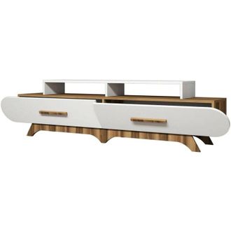 Dmora Dmora - Mueble de televisión Dpereyr, Aparador de salón, Mueble bajo para tv, Base de pared equipada, 205x37h50 cm, Nogal y Blanco