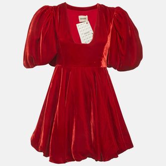 Khaite Red Velvet Puff Sleeve Leona Mini Dress