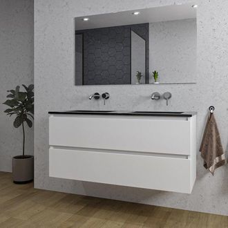 Saniclass Chaci Badkamermeubelset - 120x46x55cm - keramische wastafel zwart - 2 wasbakken - zonder kraangaten - 2 lades - rechthoekige spiegel - mat wit