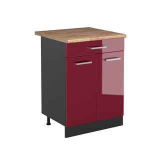 Vicco Mueble Bajo De Cocina R-line, Rojo De Alto Brillo/antracita, 60 Cm Con Caj&oacute;n Encimera Roble Dorado, Vicco