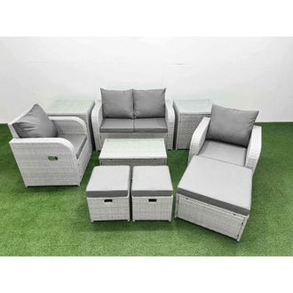 Fimous Light Grey pe Wicker Rattan Garden Furniture Set Sofa Set Reclining Adjustable Chair Rectangular Coffee Table 7 Seater 3 Stools 2 Side Table - Fimous