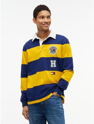 Tommy Hilfiger Mens Relaxed Logo Patch Striped Rugby Polo - Preppy Navy Yellow - XXL