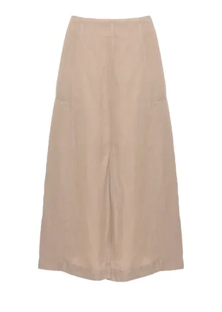 120% Lino Beige Linen Midi Skirt With Flared Silhouette And Detailed Seams