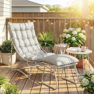 OUTSUNNY 3 Piece Bistro Set, Outdoor Table & Chair Set with Footstool in Light Grey