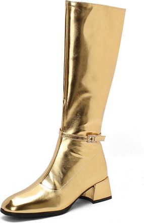 Generic Womens Chunky Heel Knee High Boots PU Leather Long Boots with Side Zipper Square Toe Party Prom Shoes with Buckle,Gold,5.5 UK