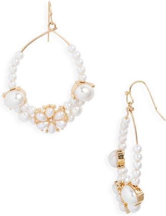 Nordstrom Floral Faux Pearl Teardrop Hoop Earrings in White- Gold at Nordstrom