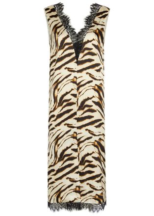 Ganni Printed Lace-trim Satin Midi Dress - White - 34 (UK6 / XS)