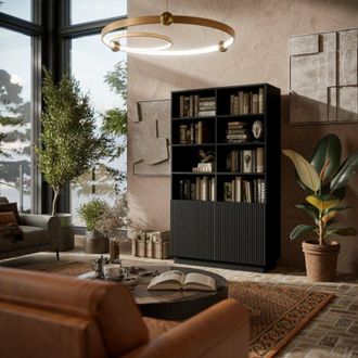 Dmora Librer&iacute;a Miniato, Estanter&iacute;a Con Compartimentos Abiertos Y Dos Puertas, Dise&ntilde;o Moderno Y Minimalista, 172x40 H100 Cm, Color Negro