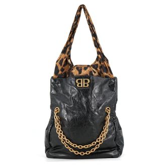 Balenciaga Black Brown Leather Nylon Handbag Shoulder Bag Tote Bag (Pre-Owned)