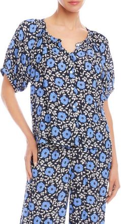 Karen Kane Floral Button-Up Peasant Top in Blue Print at Nordstrom, Size X-Large