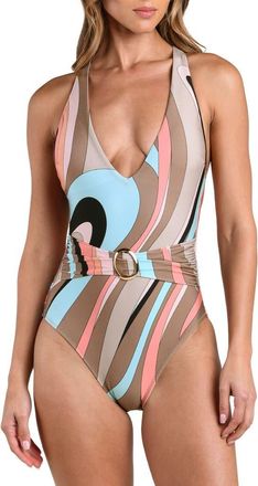 L'agence Lisa Abstract Swirl Plunge One-Piece Swimsuit in Brown Multi at Nordstrom, Size X-Large