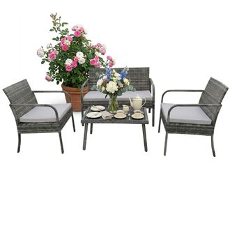 Relaxdays Relaxdays Set Muebles De Jard&iacute;n 4 Pzas, Rat&aacute;n Sint&eacute;tico, Para 4, Banco 2 Pl., 2 Sillas Y Mesa, Lounge, Exterior, Gris