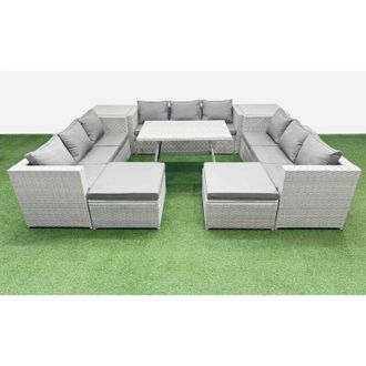 Fimous 11 Seat Outdoor Patio pe Rattan Garden Furniture with Cushions 3 Seater Sofa 2 Side Tables 2 Big Stools Light Grey - Fimous