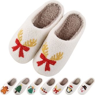 Generic Christmas Slipper House Slippers for Women Men Holiday Indoor Bedroom Shoes Winter Warm Fleece Lined Slip On Memory Foam Fuzzy Slippers Comfortable So
