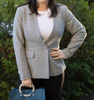 Entro Plaid Print V-Neck Long Sleeve Jacket In Grey