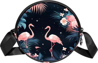 Generic Circle Crossbody Bag for Women, Pink Art Flamingo Small Sling Bag Daypack with Zipper Adjustable Shoulder Straps Casual Ladies Girls Round Purse