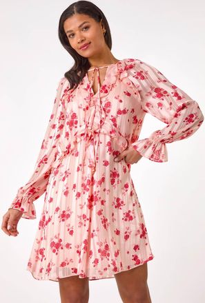 Roman Rose Print Ruffle V-Neck Smock Dress