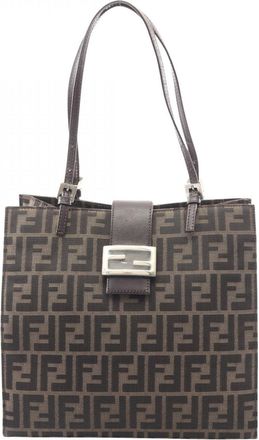 Fendi Brown Leather Canvas Tote Bag (Pre-Owned)