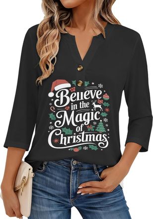 Generic Womens 3/4 Sleeve Christmas Print Henley Blouse, Trendy Fall Fashion Top 2025, Casual & Dressy Shirt (UK, Alpha, XXL, Regular, Regular, Christmas12)