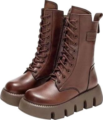 Generic Womens Combat Platform Boots, Black Synthetic Leather, Mid-Calf Length, Velvet Lined, Lace-Up Design with Chunky Lugged Sole, 1.5 Inch Platform