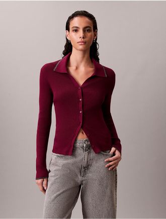 Calvin Klein Jeans Calvin Klein Womens Smooth Cotton Rib Tipped Polo Cardigan - Red - XS