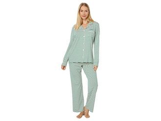 L.L.Bean Super Soft Shrink-Free Button Front Pajama Set Stripe Womens Pajama Sets Emerald Spruce : MD, Cotton/Modal/Spandex