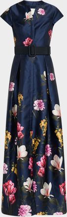 Sachin & Babi Marta Belted Floral-Print Mikado Gown