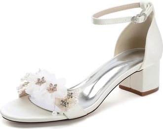 Generic Womens Block Heel Wedding Shoes Open Toe Low Heel Bridal High Sandals Pearl Prom Party Dress Shoes 4.5Cm,Ivory,10 UK