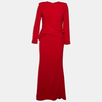 Elie Saab Red Crepe Ruffle Detail Maxi Dress
