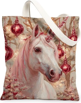 Generic Magical Horse Holiday Canvas Tote Bags, Magical Horse Art Pattern Reusable Grocery Bags, Vintage Lightweight Washable Shoul, White, 13x15 Inch