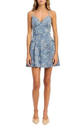 En Saison Opal Floral Appliqu&eacute; Denim Minidress in Medium Wash Denim at Nordstrom, Size X-Small