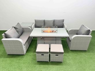 Fimous Patio PE Wicker 8 Seater Outdoor Rattan Furniture Sofa Sets w/ Firepit Dining Table Reclining Chair Loveseat Sofa 3 Seater Sofa Stool Side