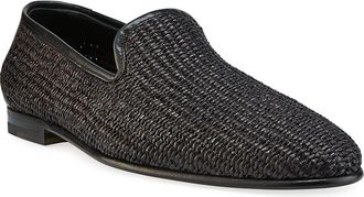 Manolo Blahnik Mens Mario Raffia & Leather Slippers