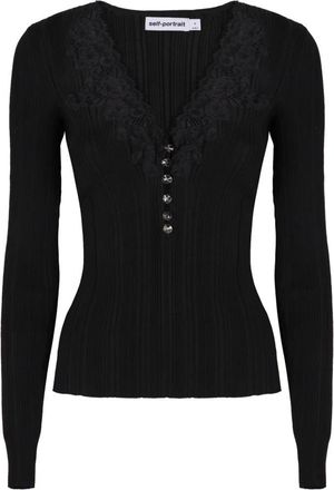 Self Portrait Truien & Vesten, Dames, Zwart, L, Polyester, Ribgebreide top met kanten rand en V-hals