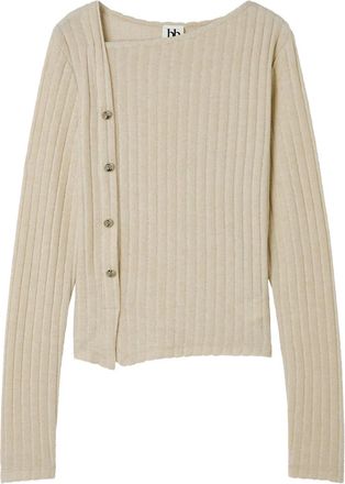 B+ab Geribbeld T-shirt met knopen - Beige