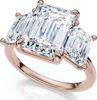 Pompeii3 Cert. 5Ct Emerald Cut Diamond Engagement Ring 3-Stone 14k Gold or Pt Lab Grown