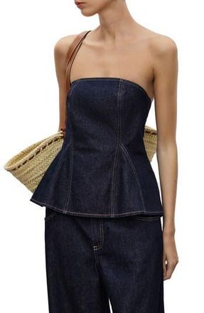 Mango Strapless Denim Peplum Top in Blue at Nordstrom Rack, Size Small